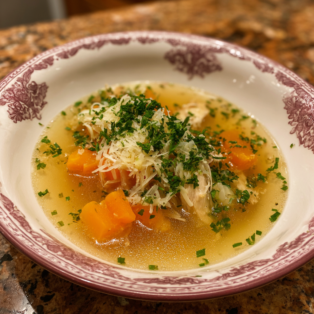 Hühnerconsommé mit Bergkäsenudeln & Kürbis