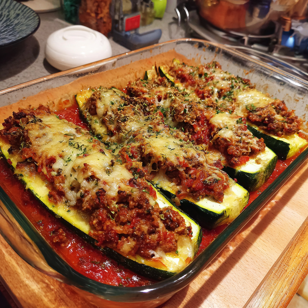 Gefüllte Zucchini auf Tomaten