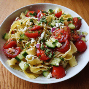 Bandnudelsalat mit zweierlei Tomaten & Gurken