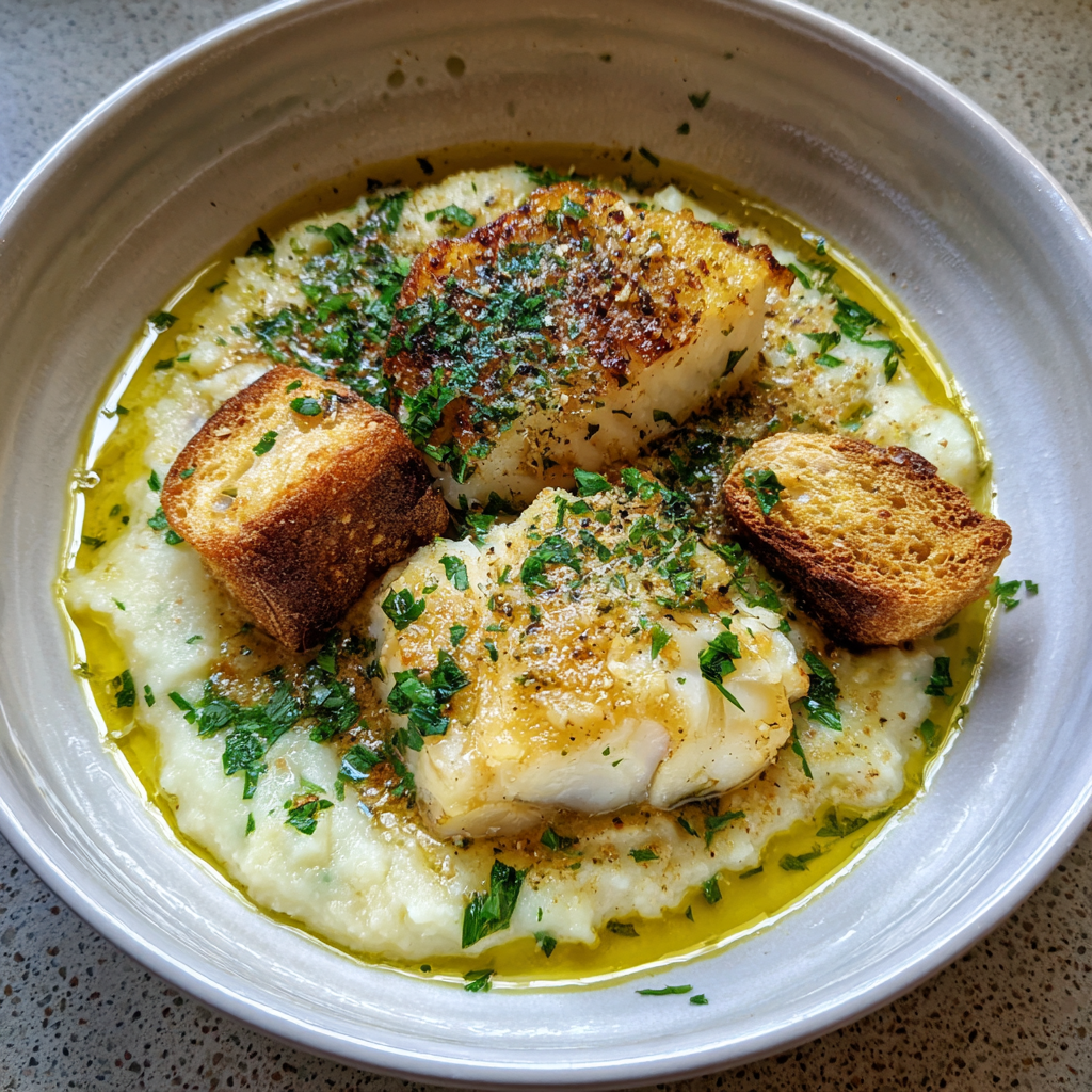 Stockfischpüree mit Croutin