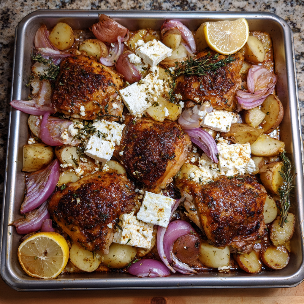 Zitronen huhn vom Blech mit Kartoffeln & Schafskäse