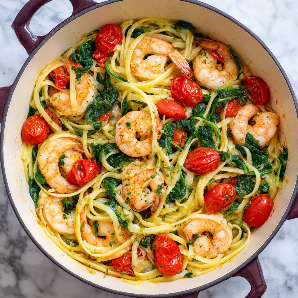 20-Minuten One Pot Pasta mit Spinat & Garnelen