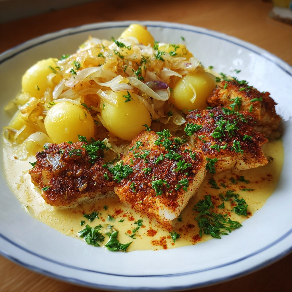 Knuspriger Pfefferfisch auf cremigen Lauchkartoffeln