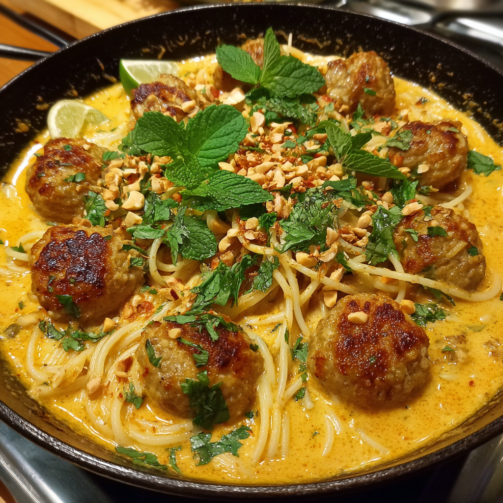 Thai-Bällchen auf Spaghetti