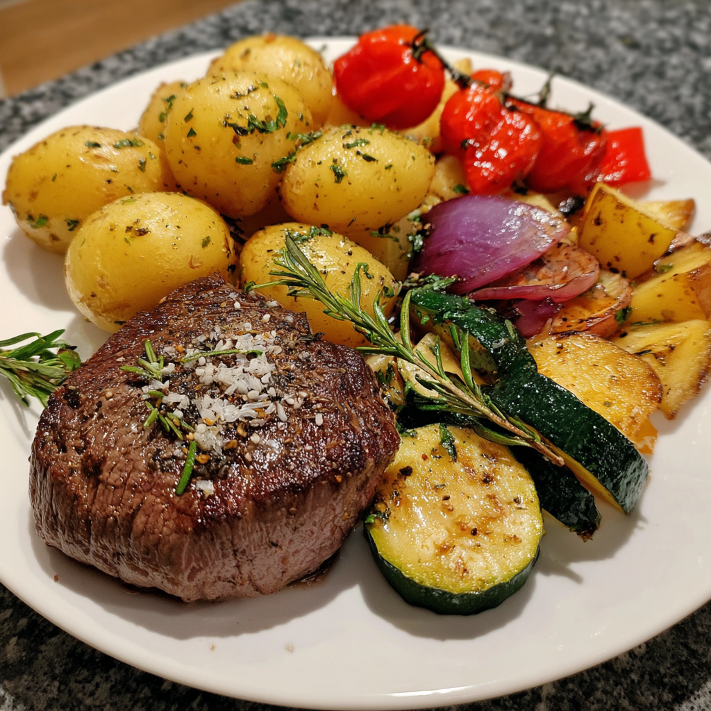 Rinderfilet mit Gemüse und Kräuterkartoffeln