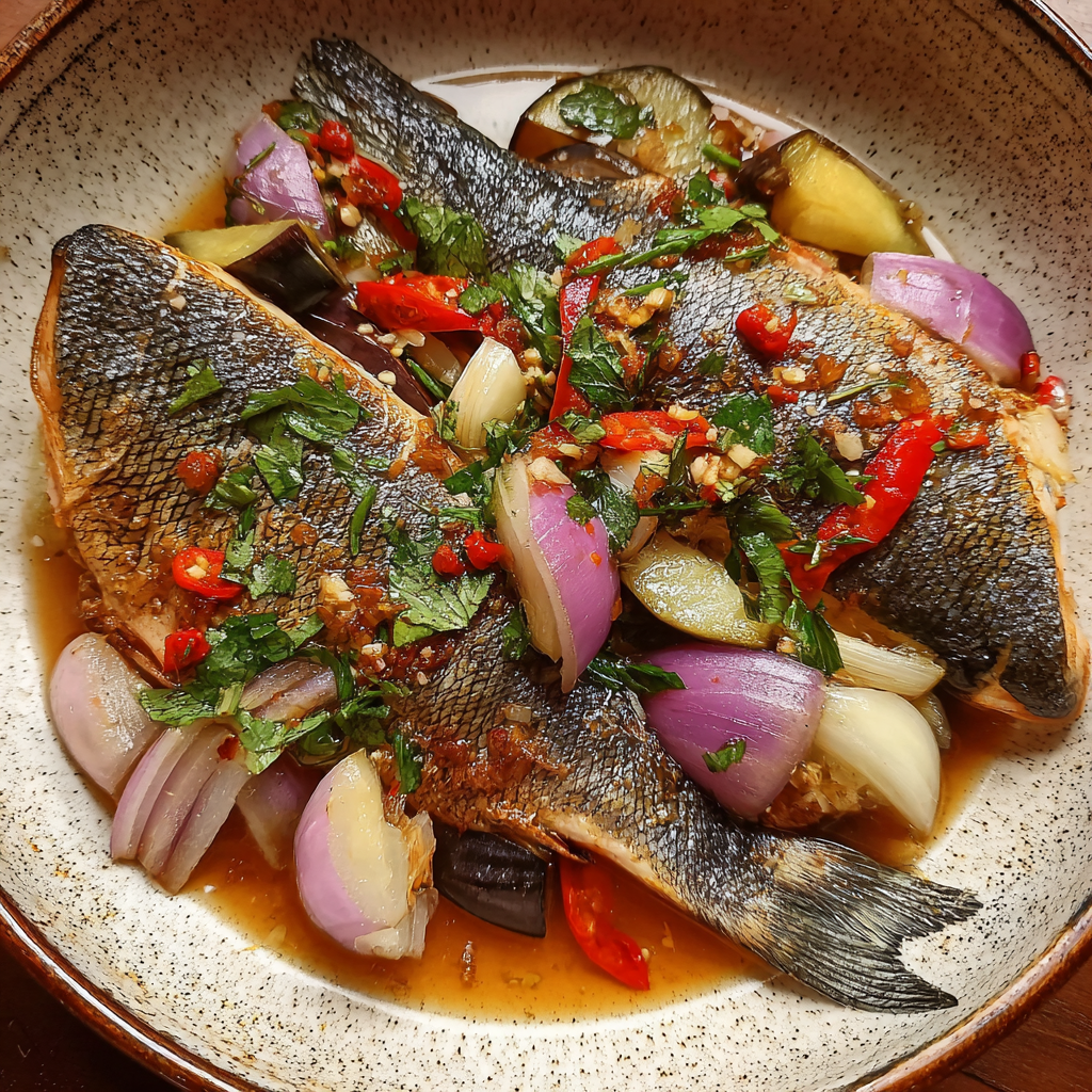 Gebratener Flussfisch mit Zitronengras, Zwiebeln und Baby-Auberginen