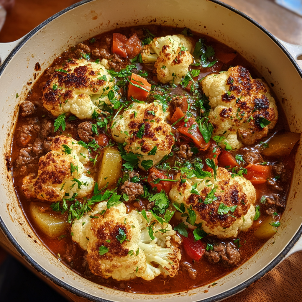 Herzhafter Blumenkohl-Fleisch-Eintopf