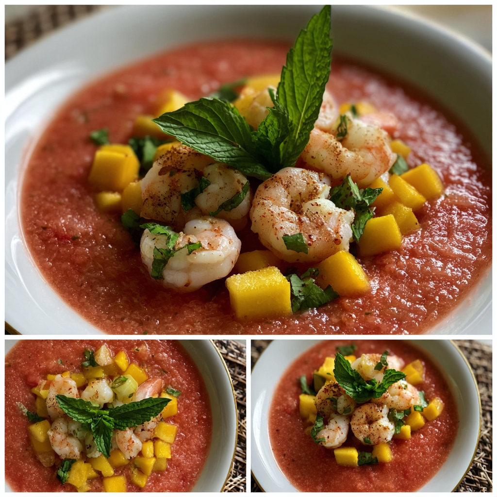 Kalte Wassermelonen suppe mit Garnelen und Mango