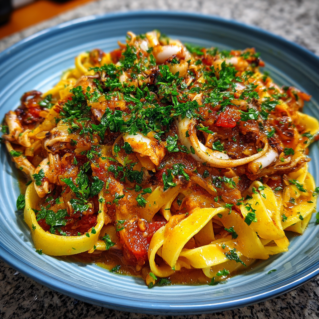 Tagliatelle mit Tomaten-Tintenfisch-Sauce