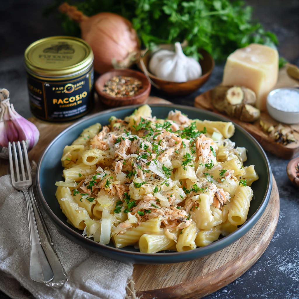 Dosenfisch mit Kohlrabi und Käsenudeln 