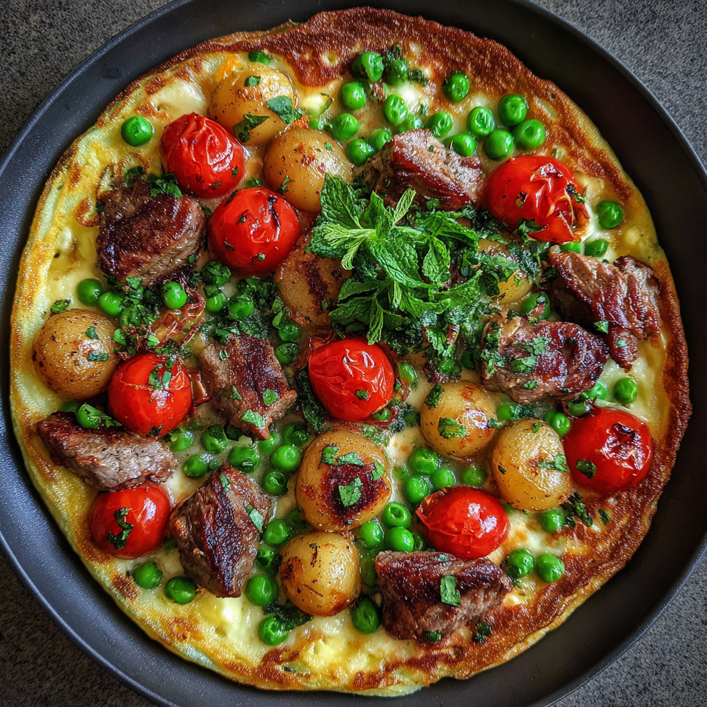 Frühlingspfanne mit Lamm, Tomaten und Erbsen