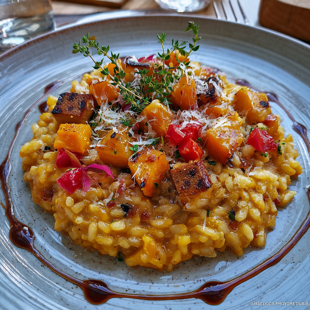 Kürbisrisotto mit Ingwer, Gänseleber und Balsamico-Glas