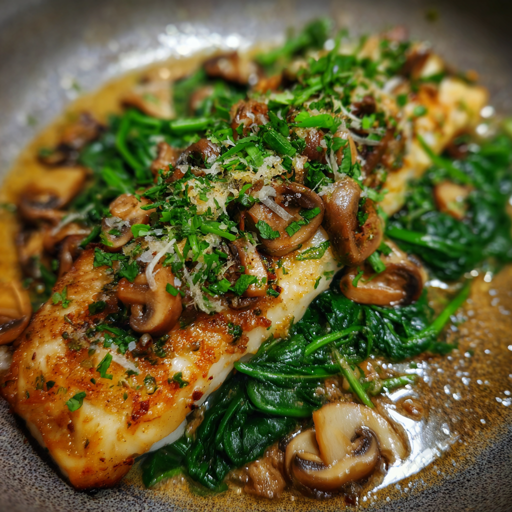 Fischfilet mit Champignonkruste auf Blattspinat