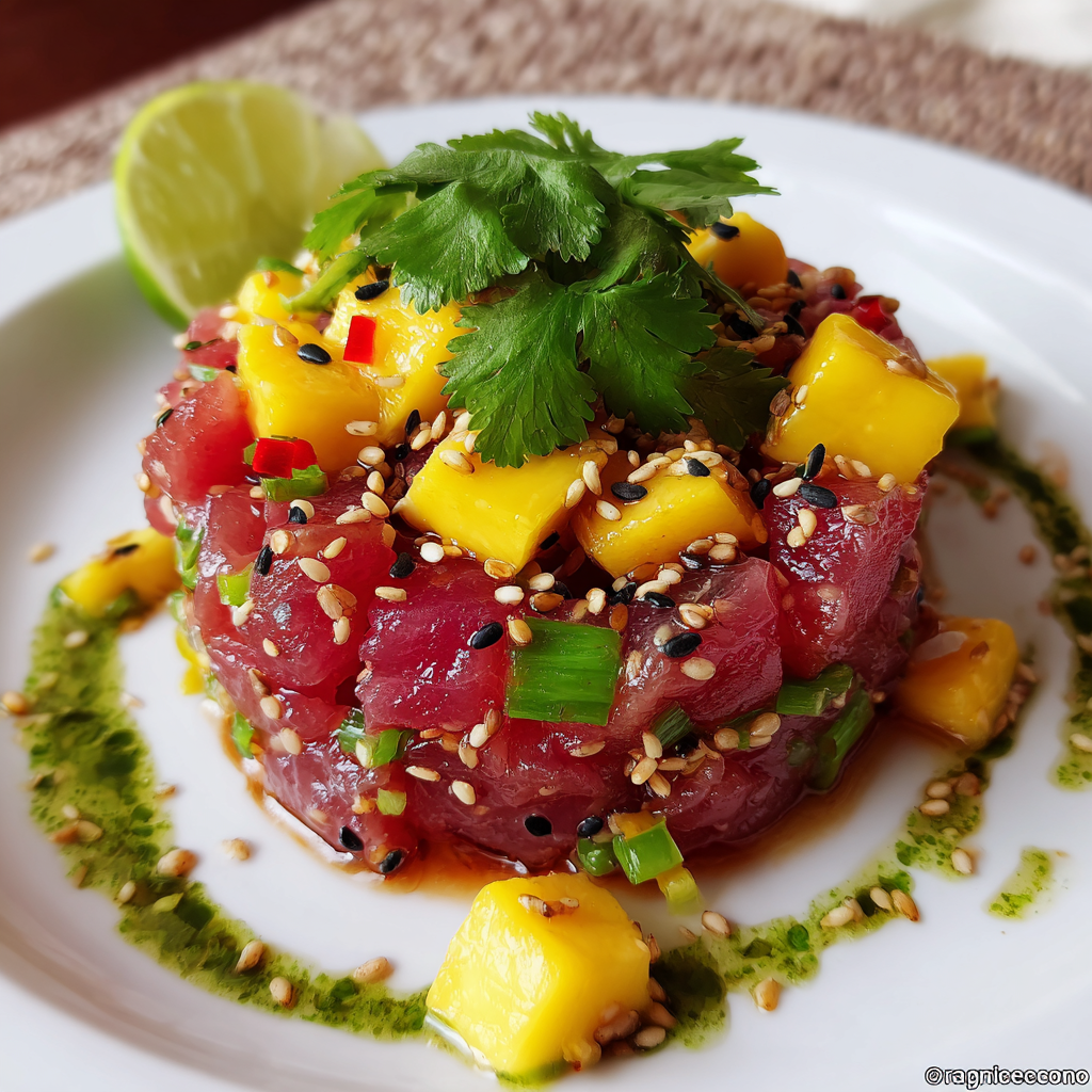 Thunfischtatar mit Mango, Ingwer und Sesam