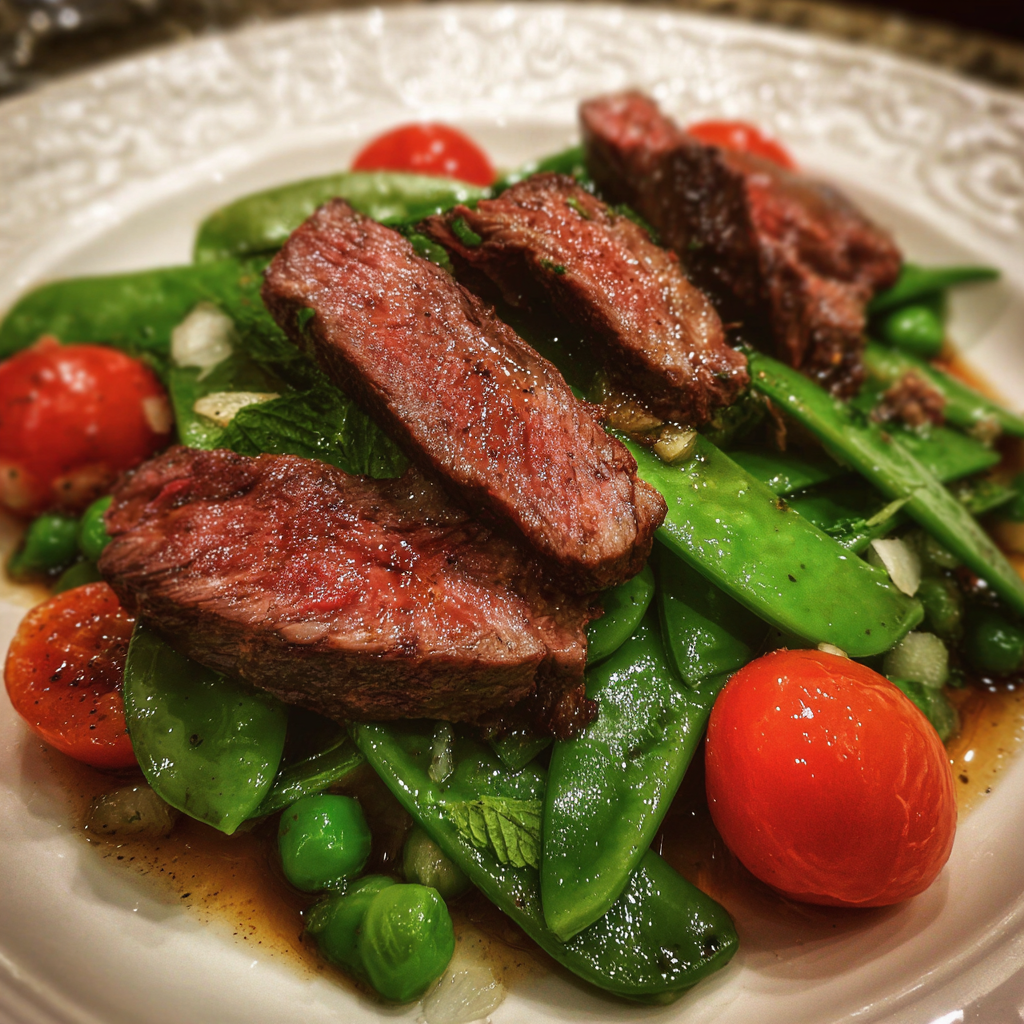 Paillard vom Rinderfilet mit Zuckerschotenragout