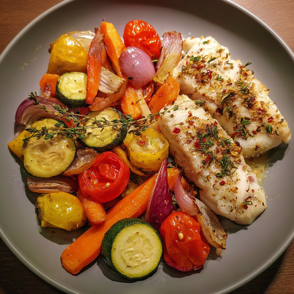 Fischfilet mit Ofen-Thymian-Gemüse