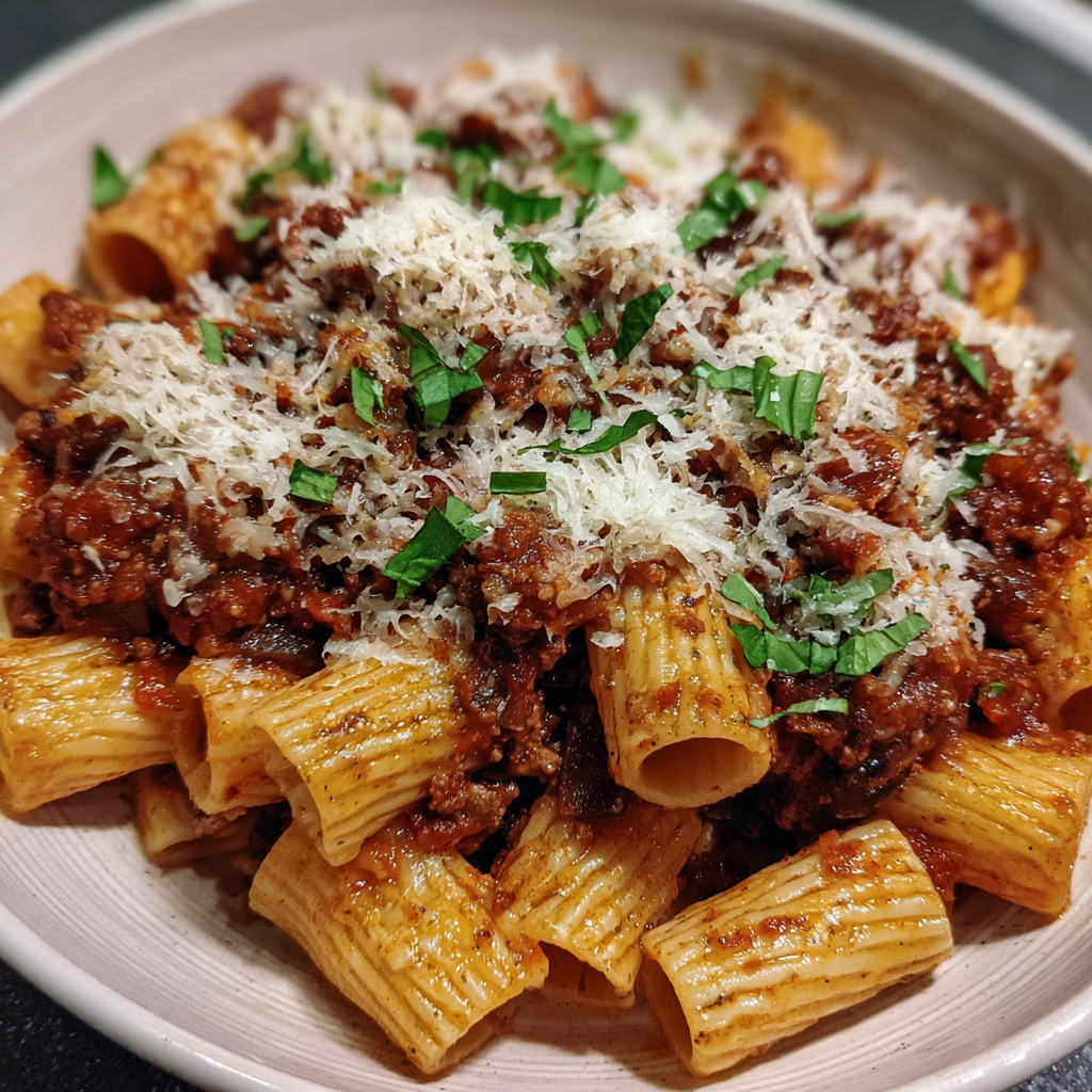 Pasta mit Auberginen-Hack und geräuchertem Mozzarella