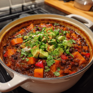 Scharfe schwarze Bohnen-Süßkartoffel-Suppe