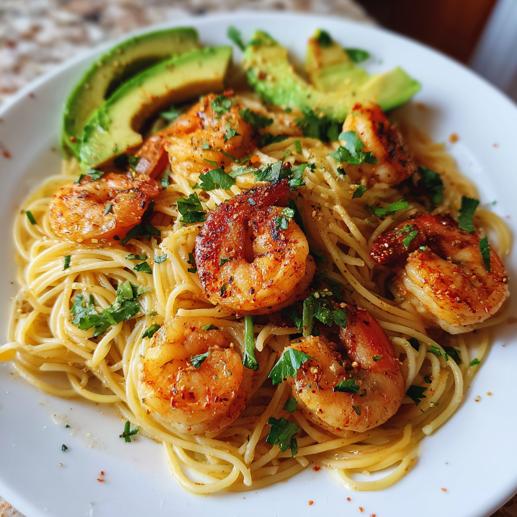 Scharfe Garnelen-Avocado-Pfanne auf Pasta