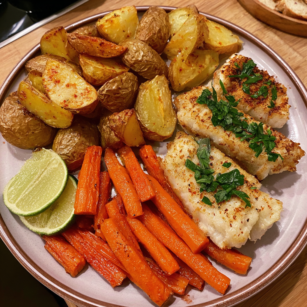 Fischfilet mit Kartoffelspalten und Limetten-Salbei-Möhrchen