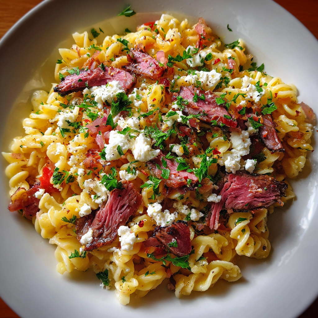 Rauchige Pastrami-Feta-Pasta