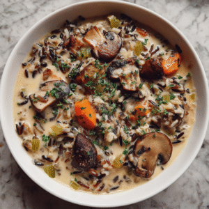 Cremige Wildreis-Pilz-Suppe