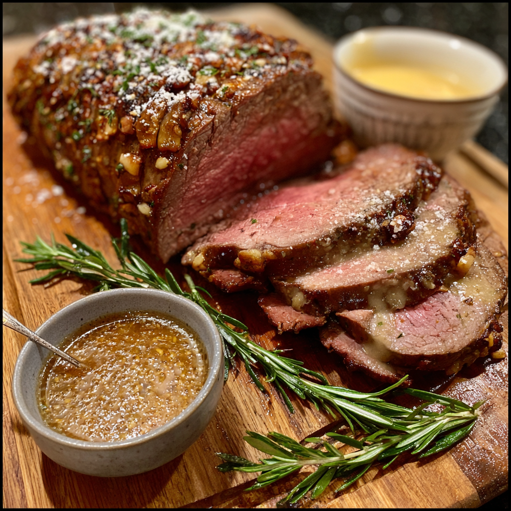 Roastbeef mit lauwarmer Cheddar-Parmesan-Sauce