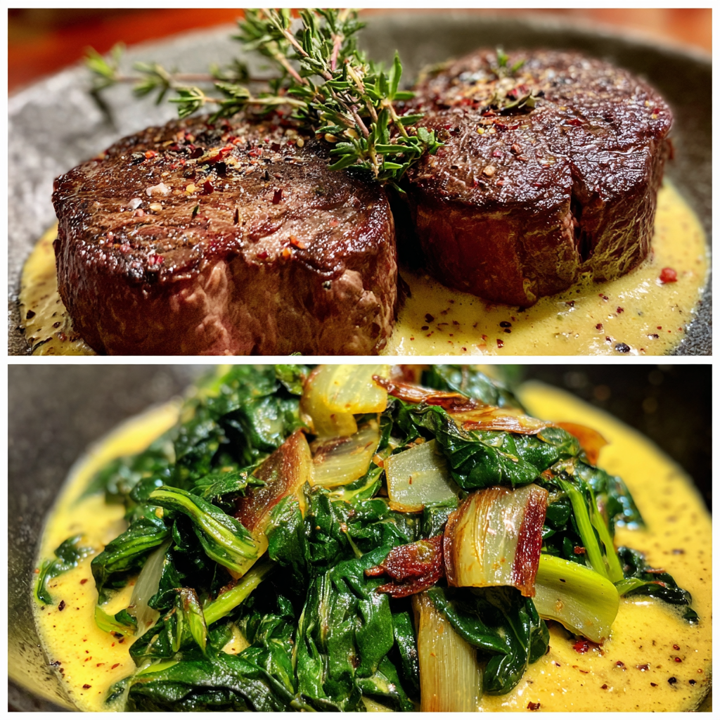 Mangold in Käsesauce mit Rinderfilet