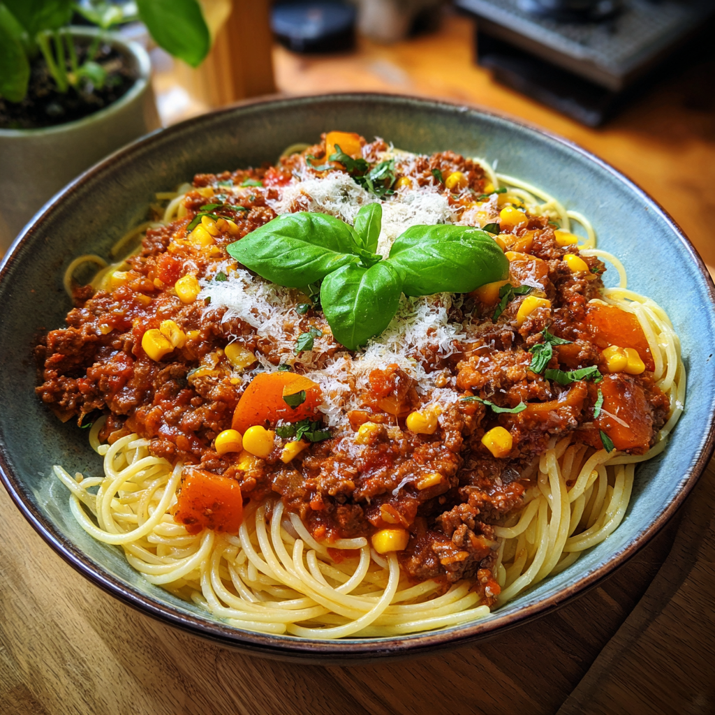 Spaghetti Bolognese mit Mais