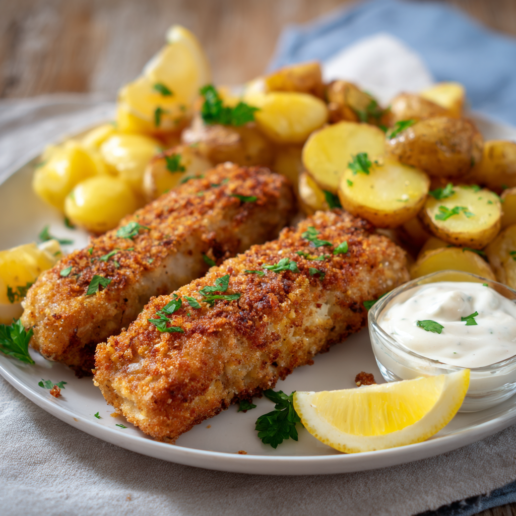 Riesenfischstäbchen mit Bratkartoffeln