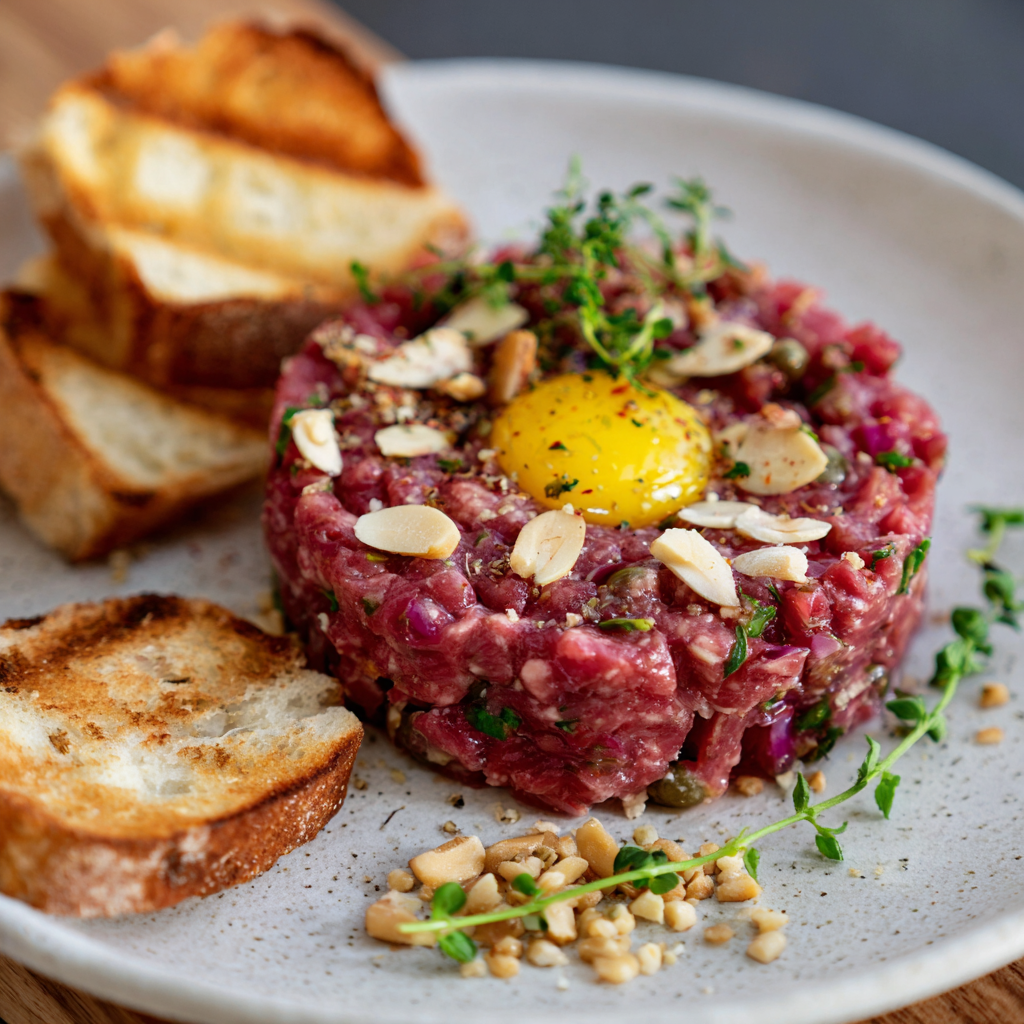 Gegrilltes Beefsteak Tatar mit Mandeln