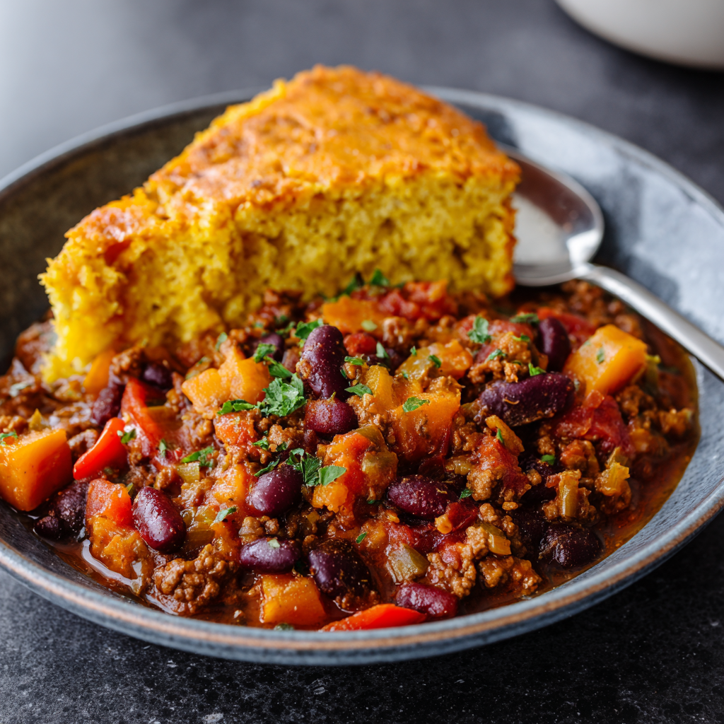 Kürbis-Chili mit Maisbrot-Topping