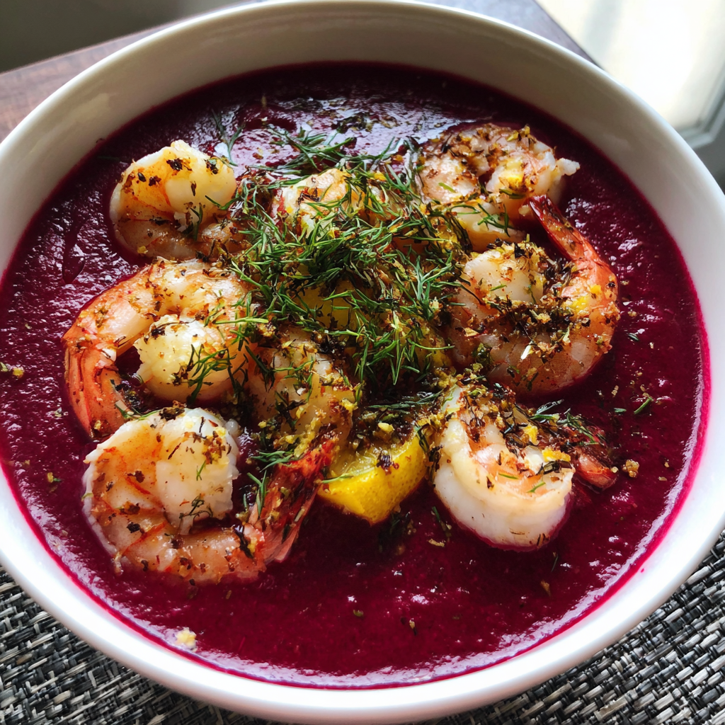 Samtige Rote-Bete-Suppe mit Senf-Garnelen