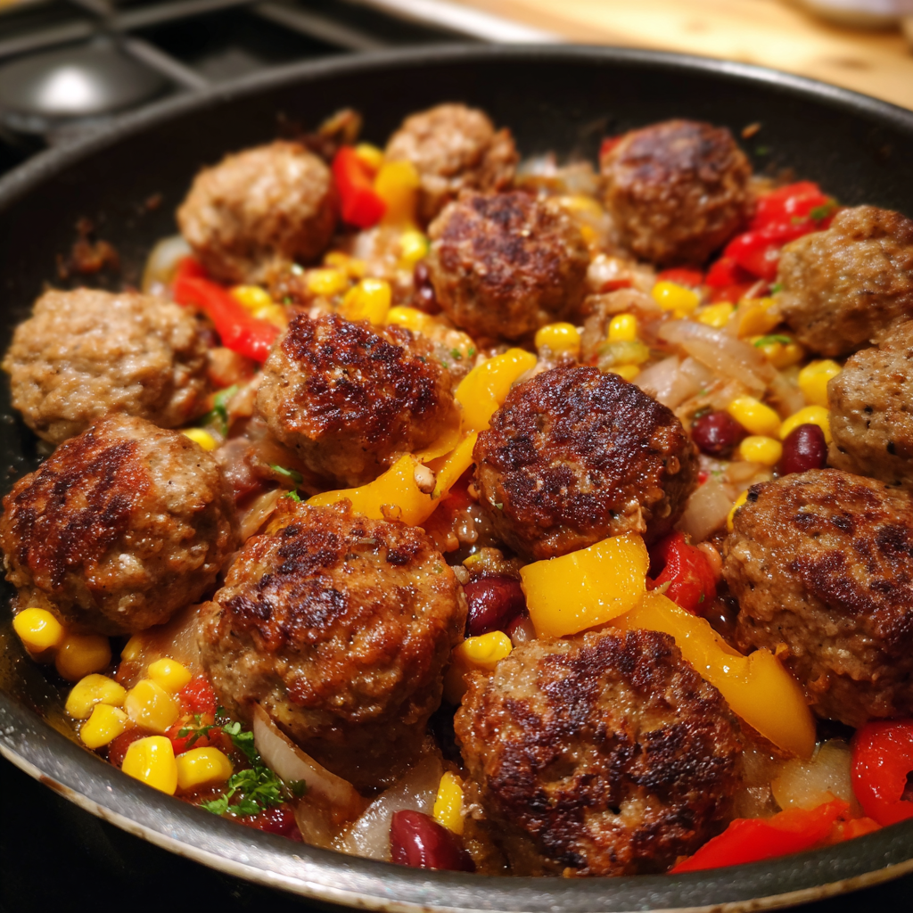 Hackbällchen-Eintopf mit Paprika, Mais und Kidneybohnen