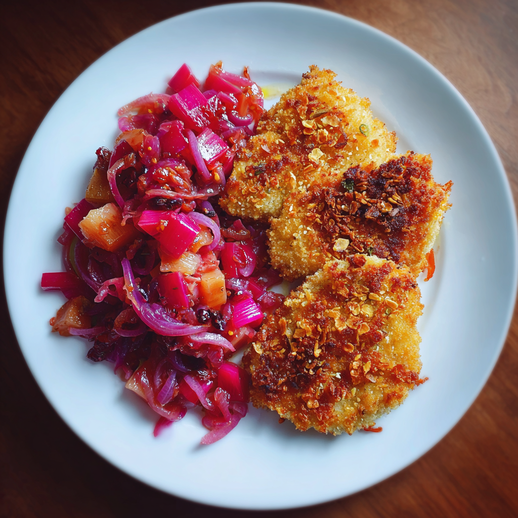 Hühnchen in Mandelkruste mit Rhabarber-Chutney