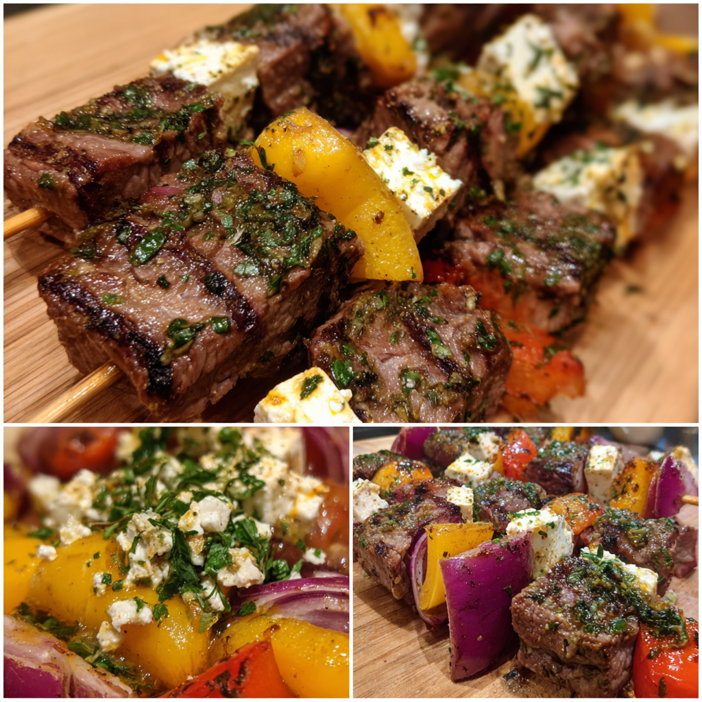 Gegrillte Feta-Rindfleischspieße mit Paprika