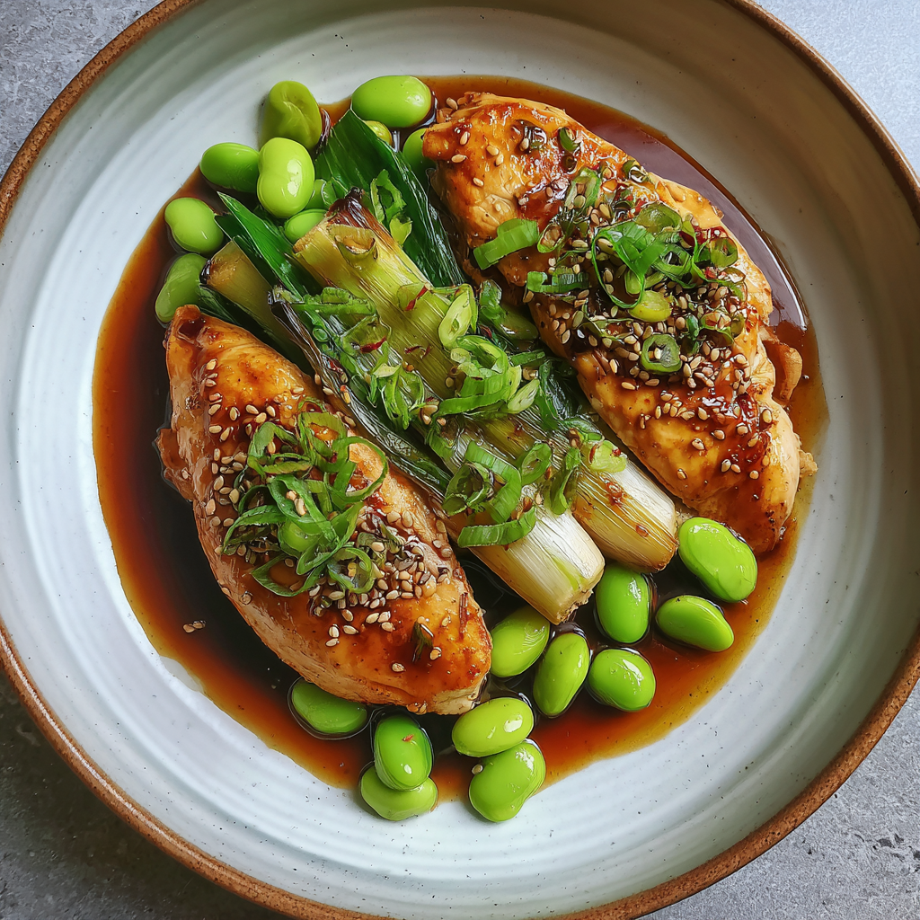 Asiatische Hähnchenbrust an Lauch und Sojabohnen