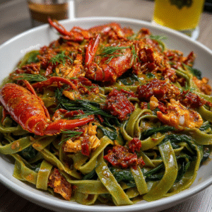 Pikante Flusskrebs-Soße auf Spinatpasta