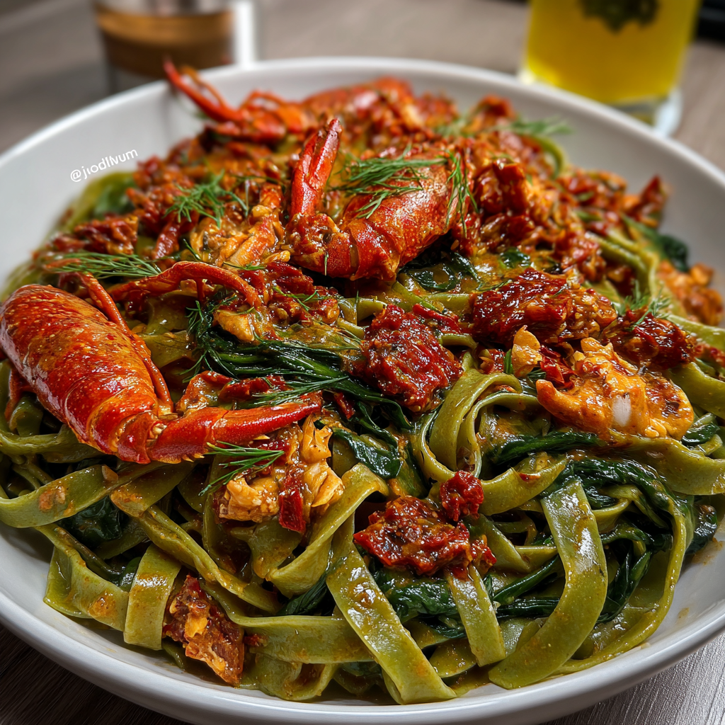 Pikante Flusskrebs-Soße auf Spinatpasta