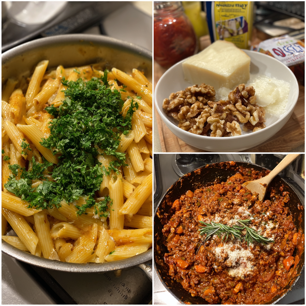 Penne mit feiner Bolognese und Walnüssen
