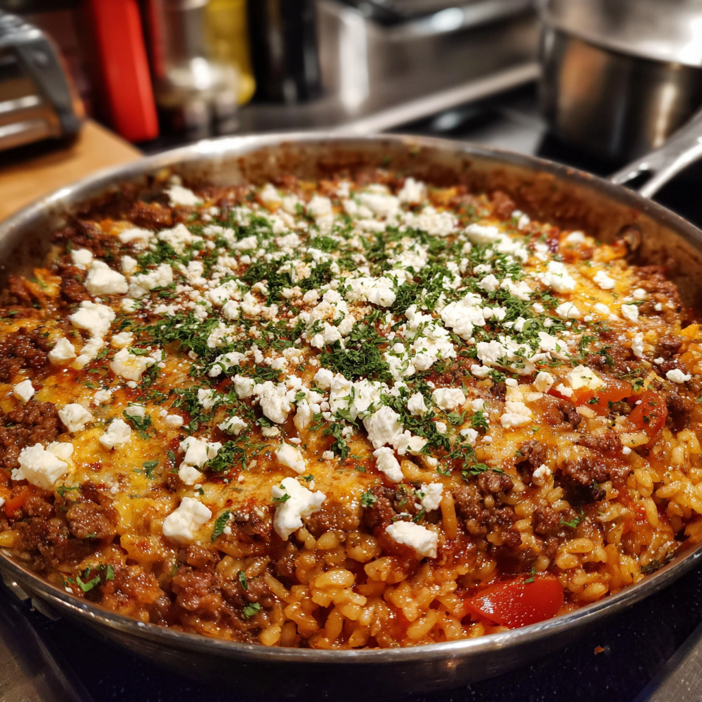 Reis auflauf mit Hackfleisch und Feta