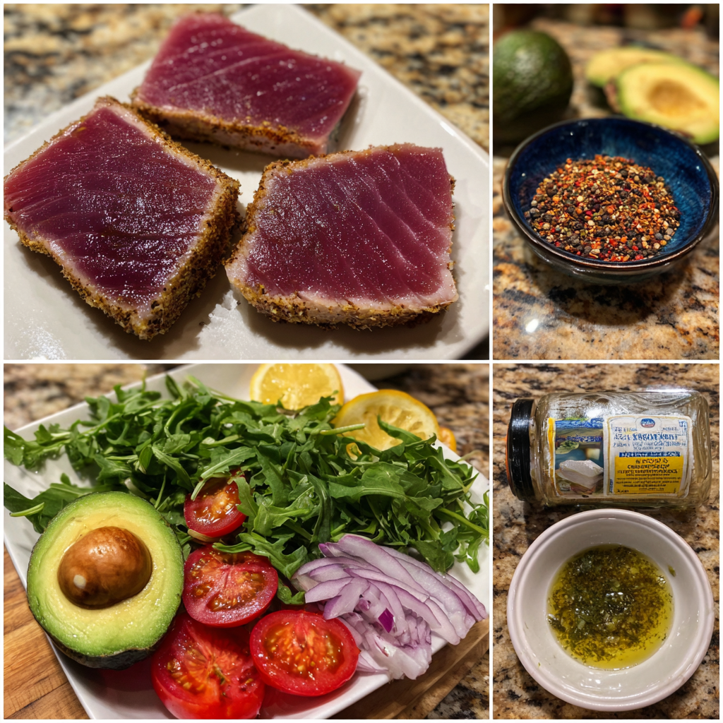 Tomaten-Avocado-Pfeffer-Thunfisch mit grüner Salatvinaigrette