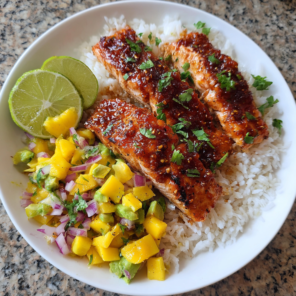 Ahorn-Sriracha-Lachs mit Kokosreis und Mango-Avocado-Salsa