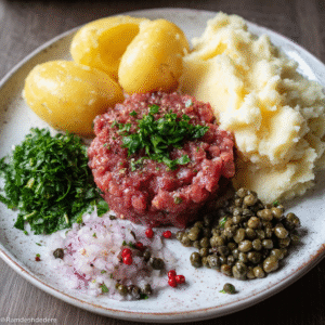 Angebratene Tatar-Steaks mit Kartoffelpüree und Pfeffer-Crème fraîche
