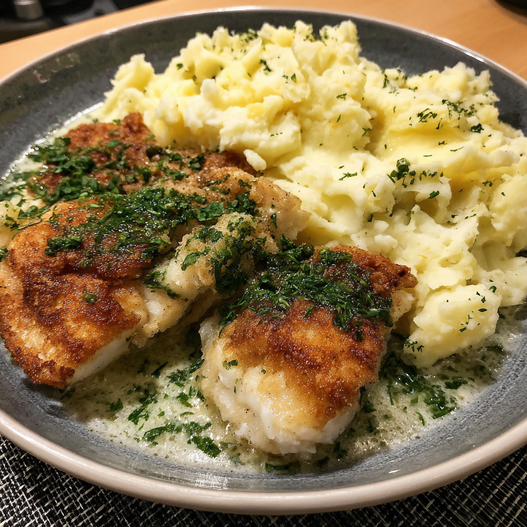 Butter Gebratenes Kabeljaufilet mit zerdrückten Kartoffeln und Kräutersauce