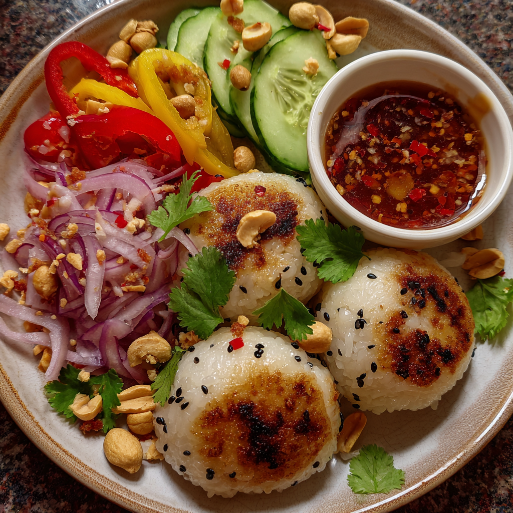 Gedämpfte Reisbällchen mit Paprika-Erdnusssalat und Chilisauce