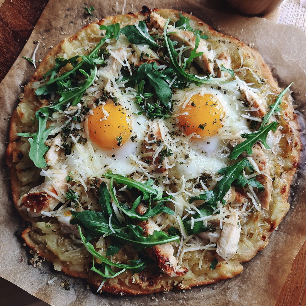 Kartoffel-Pizza mit Hähnchen, Rucola & Parmesan