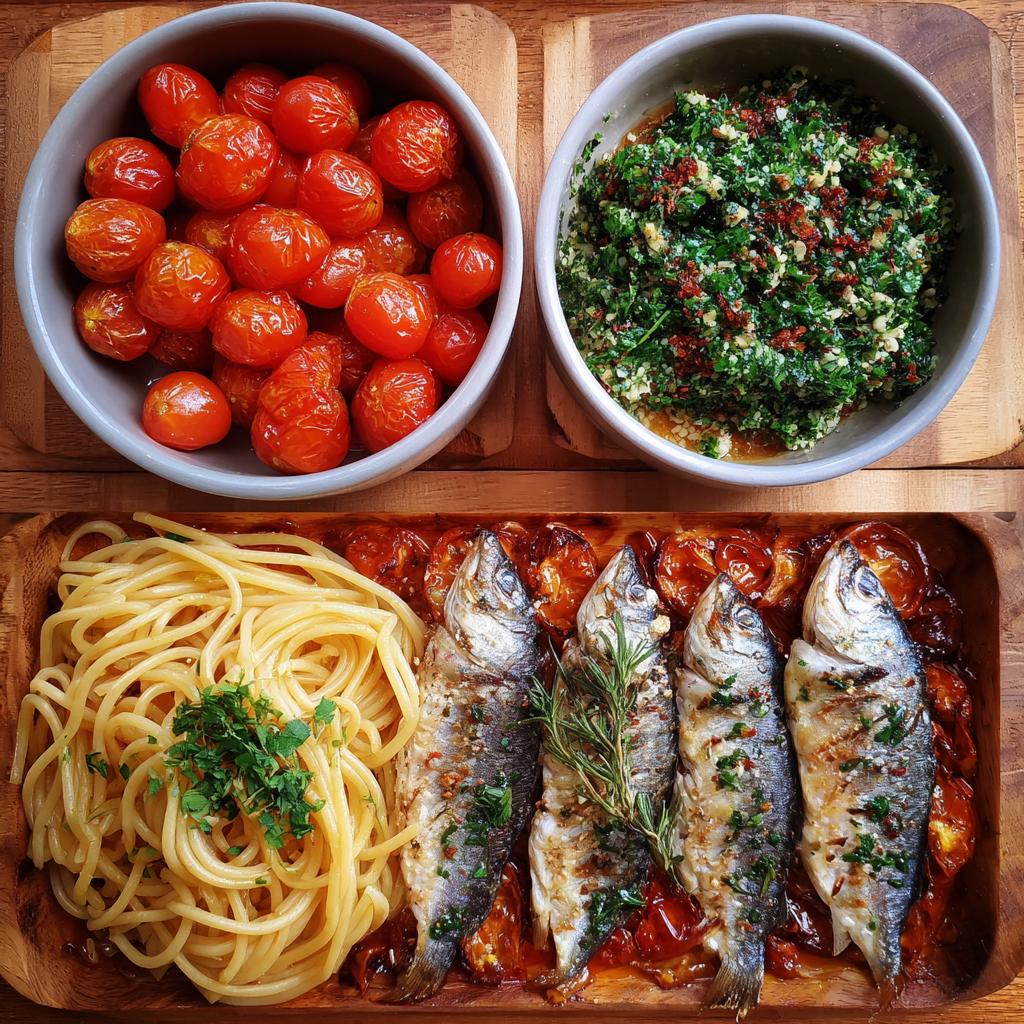 Milchfisch auf Tomatenspiegel mit Spagetti-Trio
