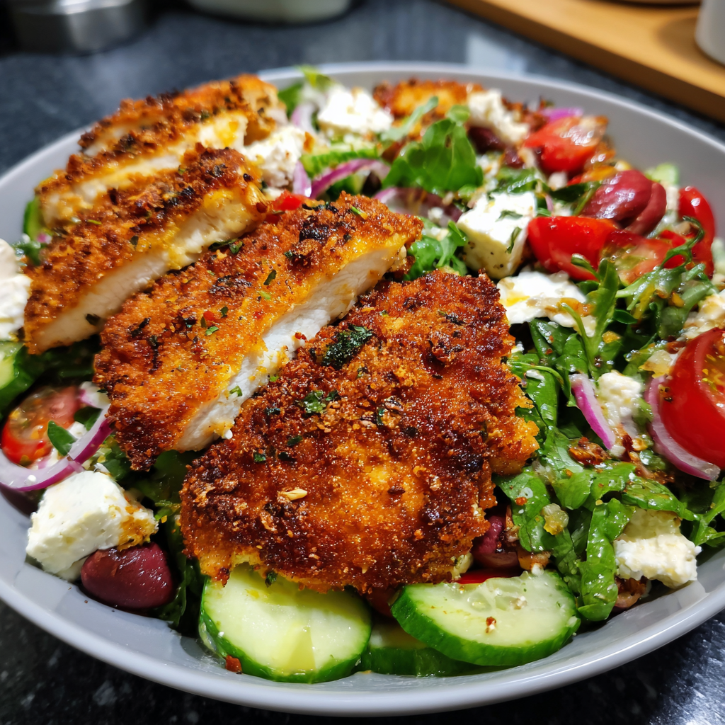 Mediterraner Salat mit knusprigem Hähnchenbrustfilet