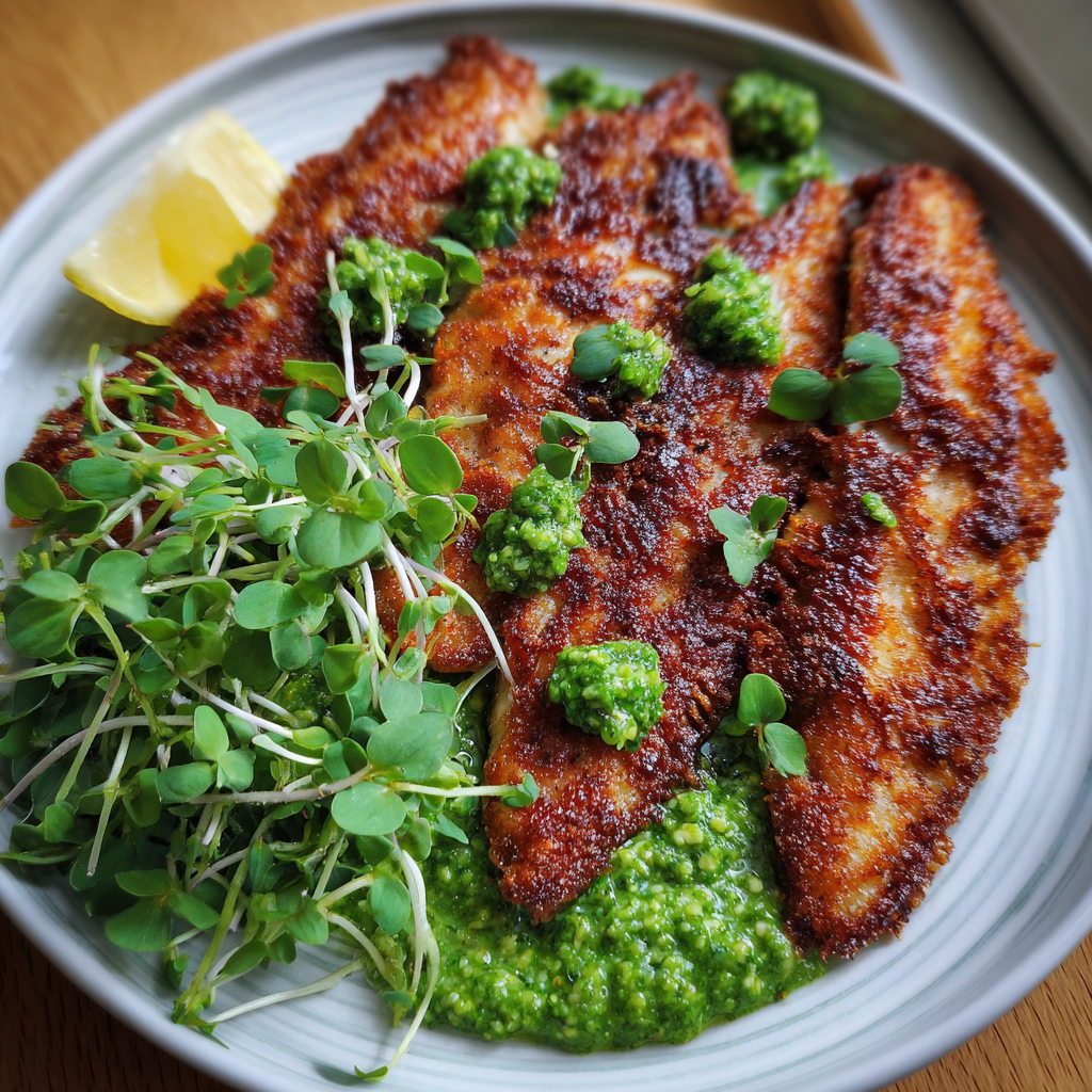 Gebratene Rotbarbenfilets mit Erbsen-Pesto